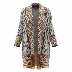 MAXSPORT Leopard Print Multicolor Fringe Cardigan Sweater Size M - Gorgeous!